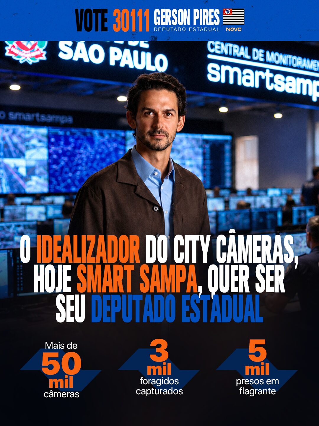 Gerson Pires no centro de monitoramento do Smart Sampa · o idealizador do City Câmeras quer ser seu Deputado Estadual · mais de 50 mil câmeras, 3 mil foragidos capturados, 5 mil presos em flagrante